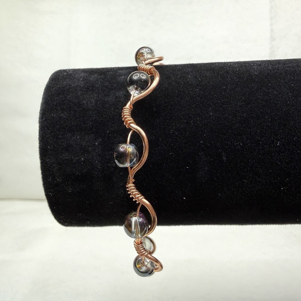 Artisan Handcrafted Copper Wire Wrapped Bracelet Iridescent Glass Beads